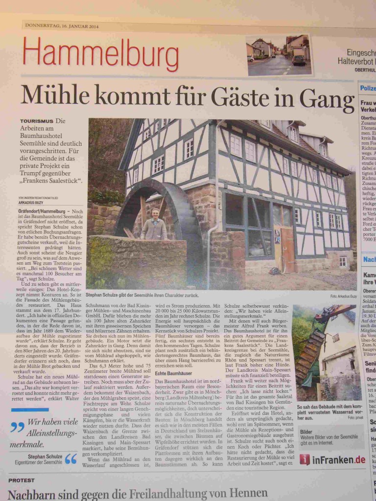 Zeitungsmeldung über das Baumhaushotel