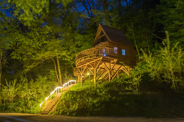 Baumhaus Cabin bei Nacht beleuchtet