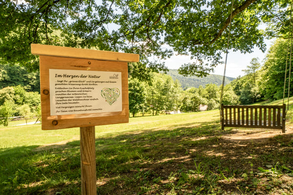 Schild zum Thema im Herzen der Natur - im Hintergrund die Baumschaukel