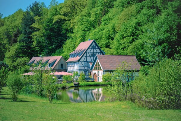 Mühlensee mit Seemühle, Seescheune und Waldhaus im Hintergrund