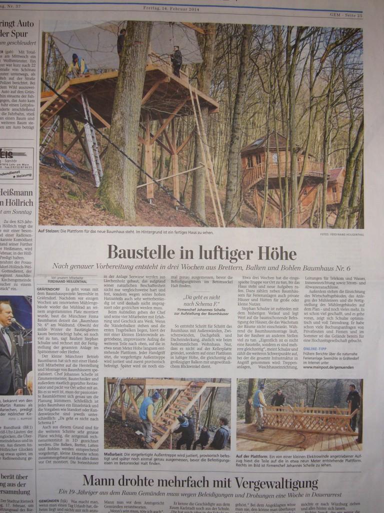 Zeitungsmeldung über das Baumhaushotel